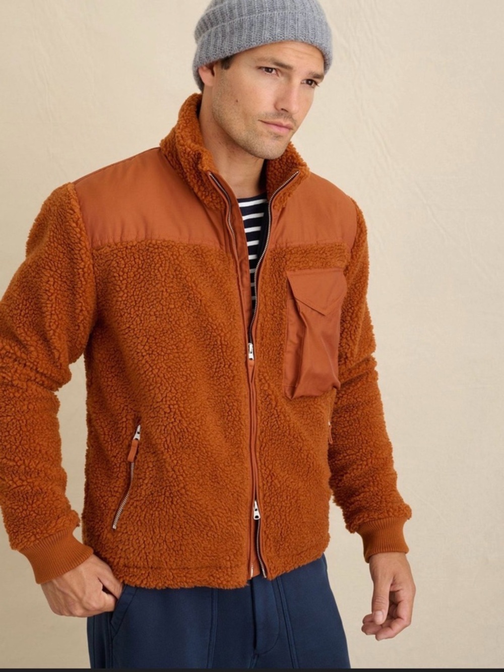 ALEX MILL High Pile Sherpa Work Zip-Up Jacket Size XL Orange Brown Rust